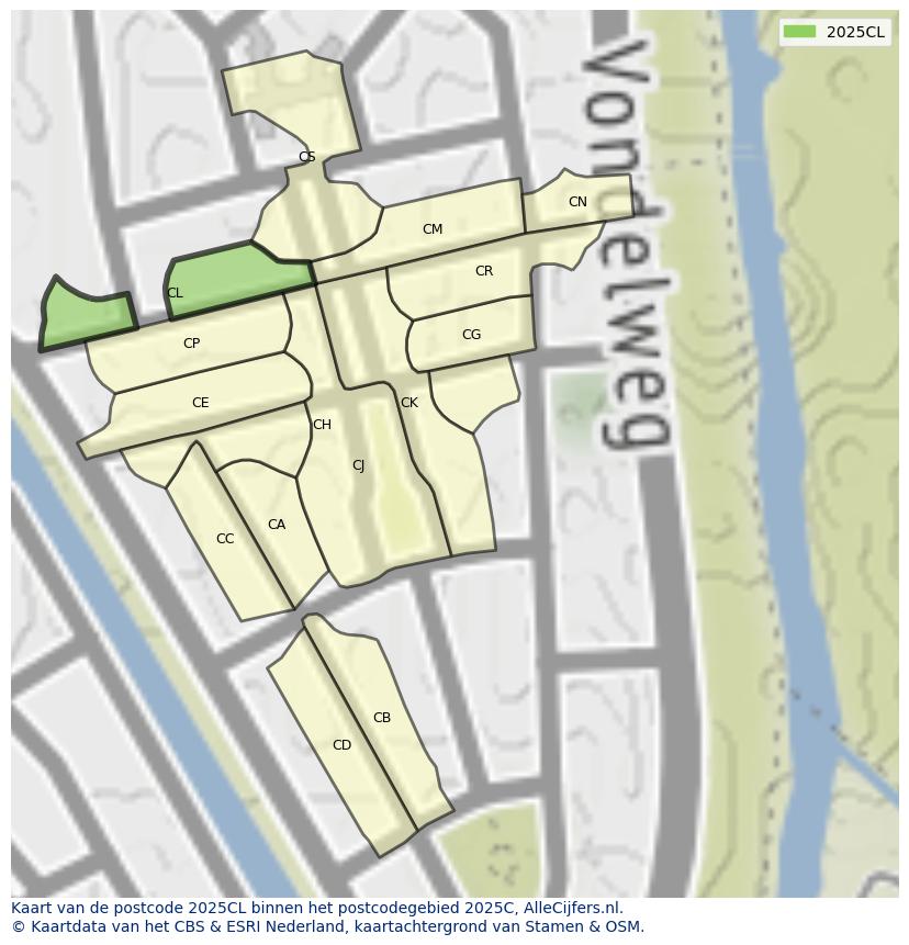 Afbeelding van het postcodegebied 2025 CL op de kaart.