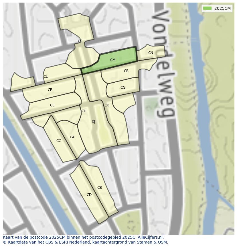 Afbeelding van het postcodegebied 2025 CM op de kaart.