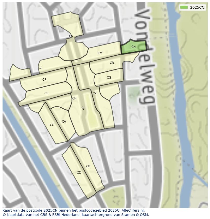 Afbeelding van het postcodegebied 2025 CN op de kaart.
