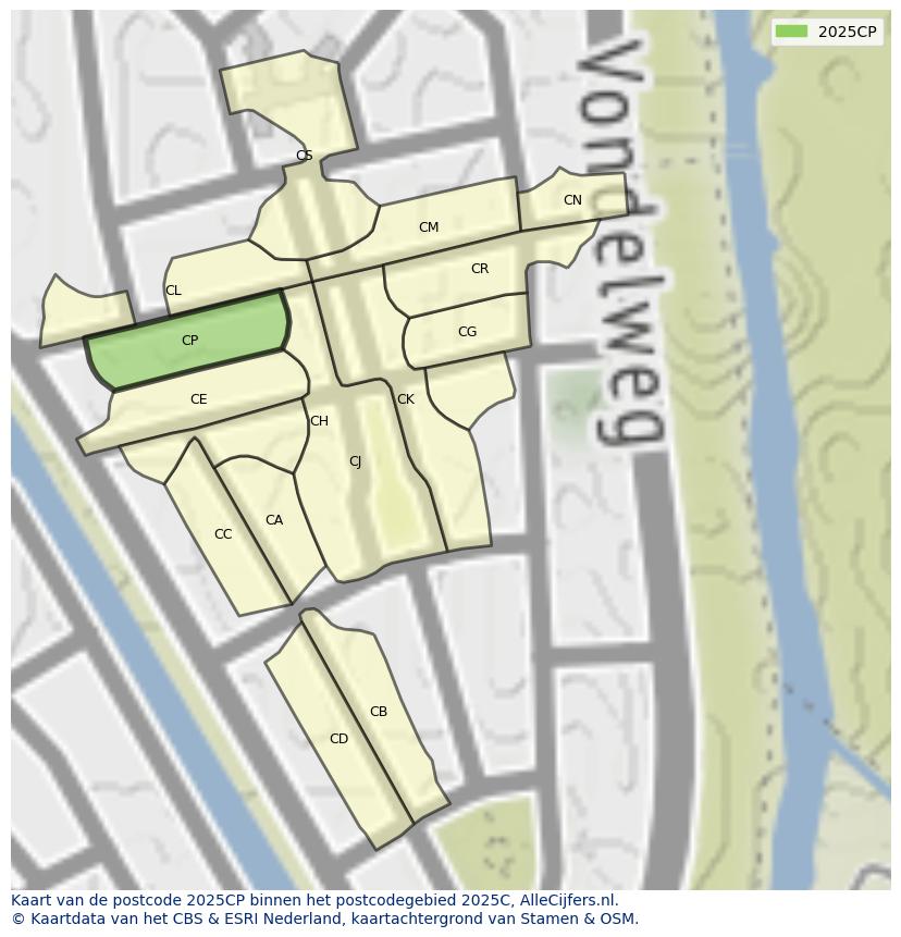 Afbeelding van het postcodegebied 2025 CP op de kaart.