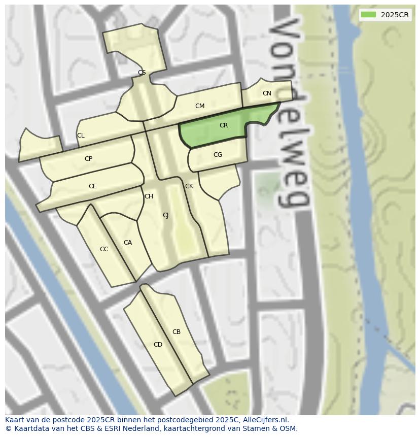 Afbeelding van het postcodegebied 2025 CR op de kaart.