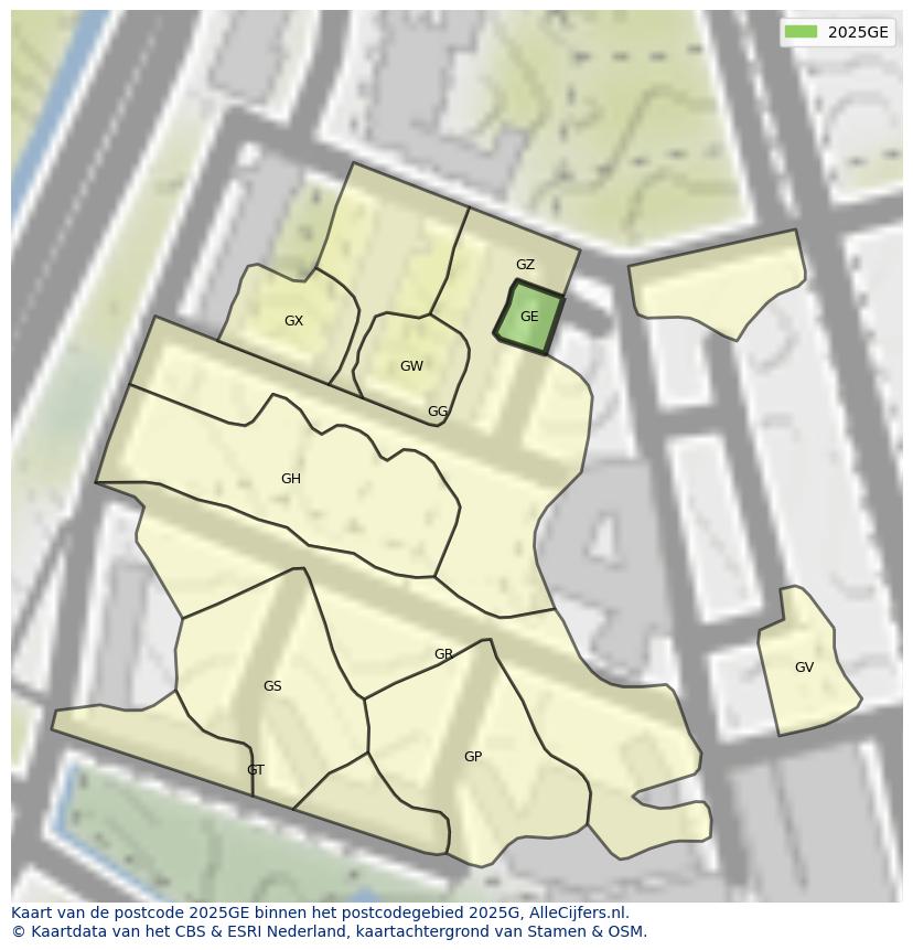 Afbeelding van het postcodegebied 2025 GE op de kaart.