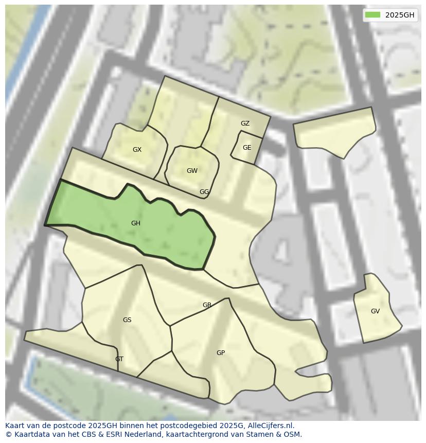 Afbeelding van het postcodegebied 2025 GH op de kaart.