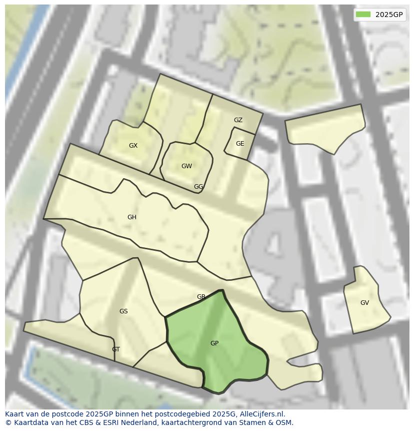 Afbeelding van het postcodegebied 2025 GP op de kaart.