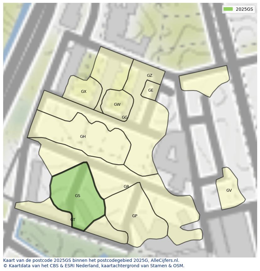 Afbeelding van het postcodegebied 2025 GS op de kaart.