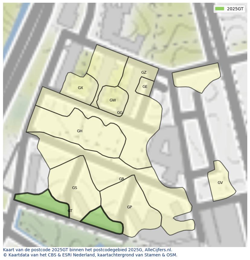 Afbeelding van het postcodegebied 2025 GT op de kaart.