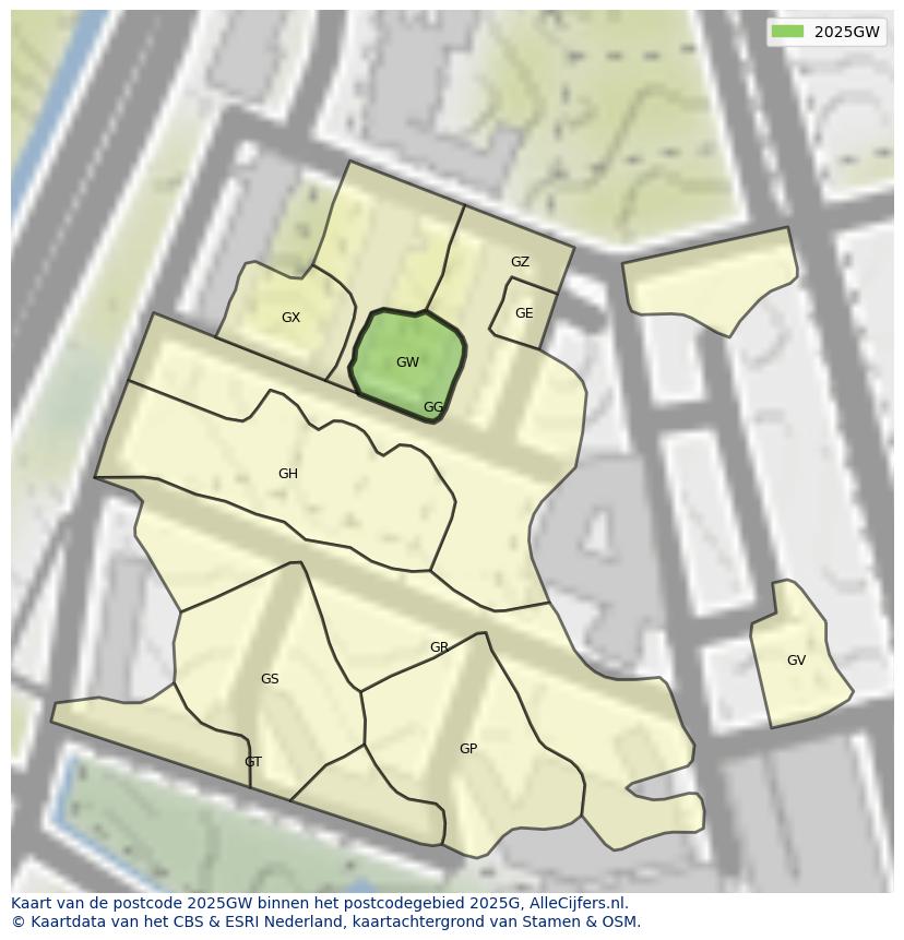 Afbeelding van het postcodegebied 2025 GW op de kaart.
