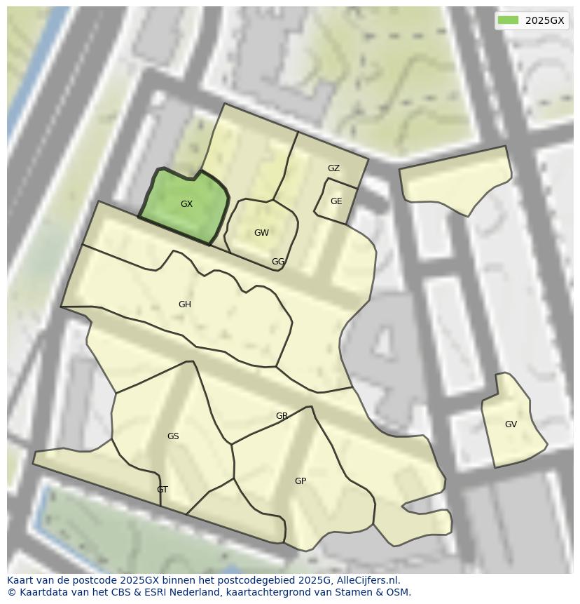 Afbeelding van het postcodegebied 2025 GX op de kaart.