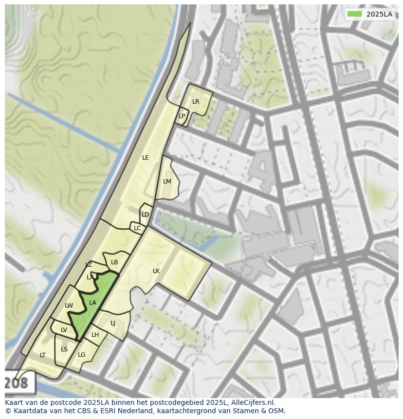 Afbeelding van het postcodegebied 2025 LA op de kaart.
