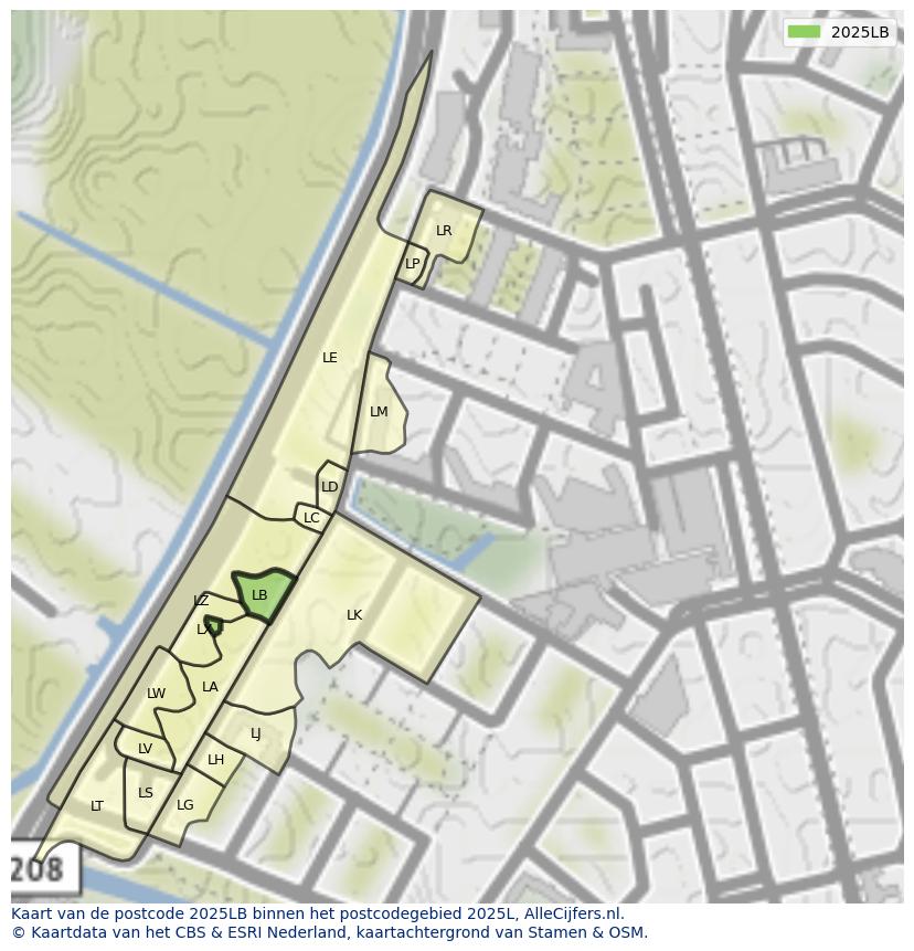 Afbeelding van het postcodegebied 2025 LB op de kaart.