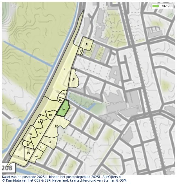 Afbeelding van het postcodegebied 2025 LL op de kaart.