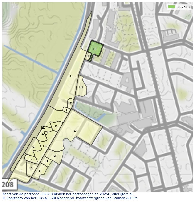 Afbeelding van het postcodegebied 2025 LR op de kaart.