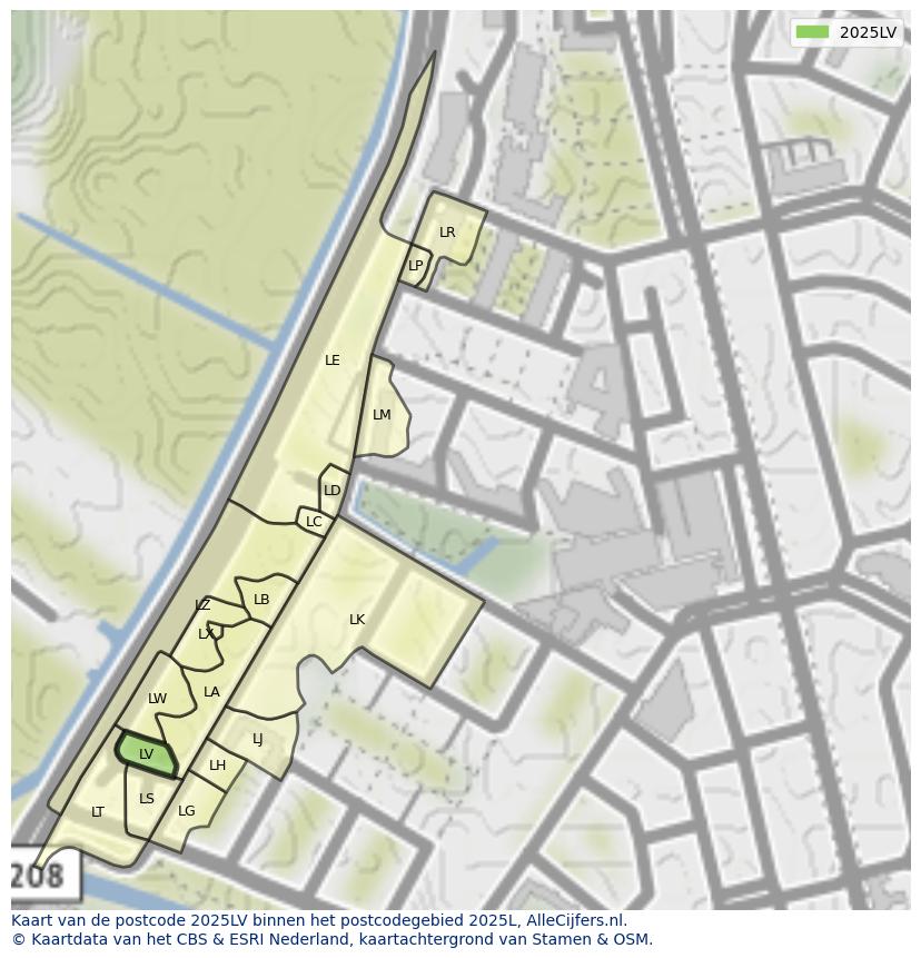 Afbeelding van het postcodegebied 2025 LV op de kaart.