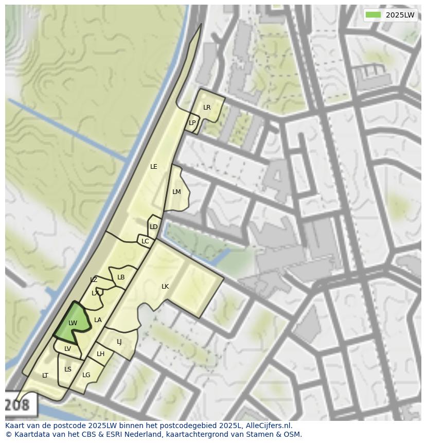 Afbeelding van het postcodegebied 2025 LW op de kaart.