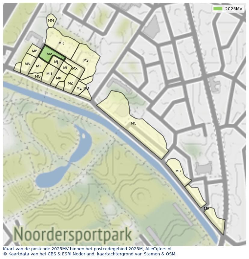 Afbeelding van het postcodegebied 2025 MV op de kaart.