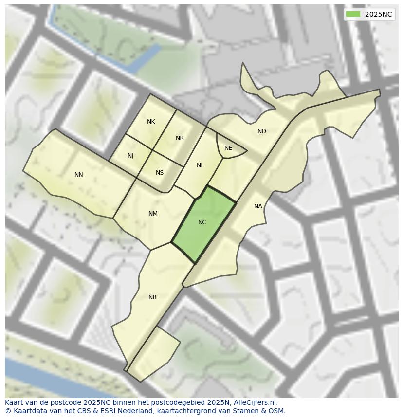Afbeelding van het postcodegebied 2025 NC op de kaart.