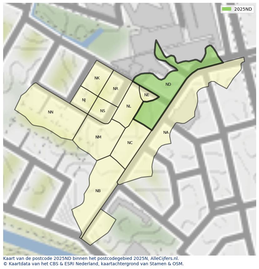 Afbeelding van het postcodegebied 2025 ND op de kaart.