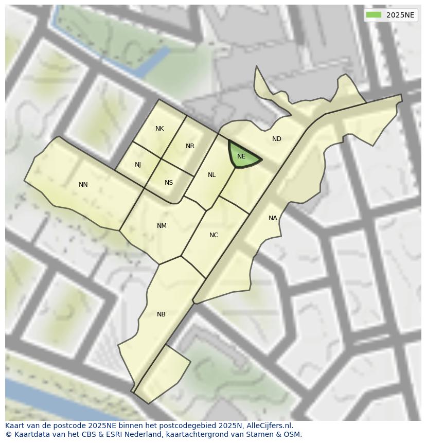 Afbeelding van het postcodegebied 2025 NE op de kaart.