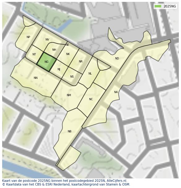 Afbeelding van het postcodegebied 2025 NG op de kaart.