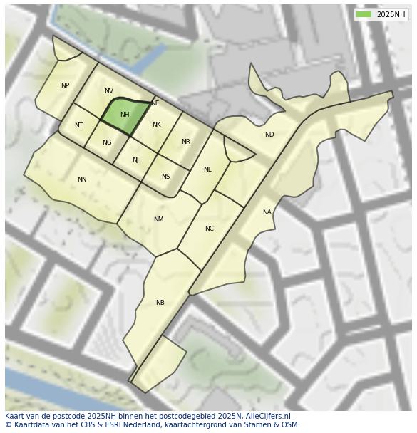 Afbeelding van het postcodegebied 2025 NH op de kaart.