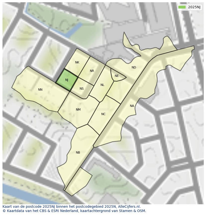 Afbeelding van het postcodegebied 2025 NJ op de kaart.