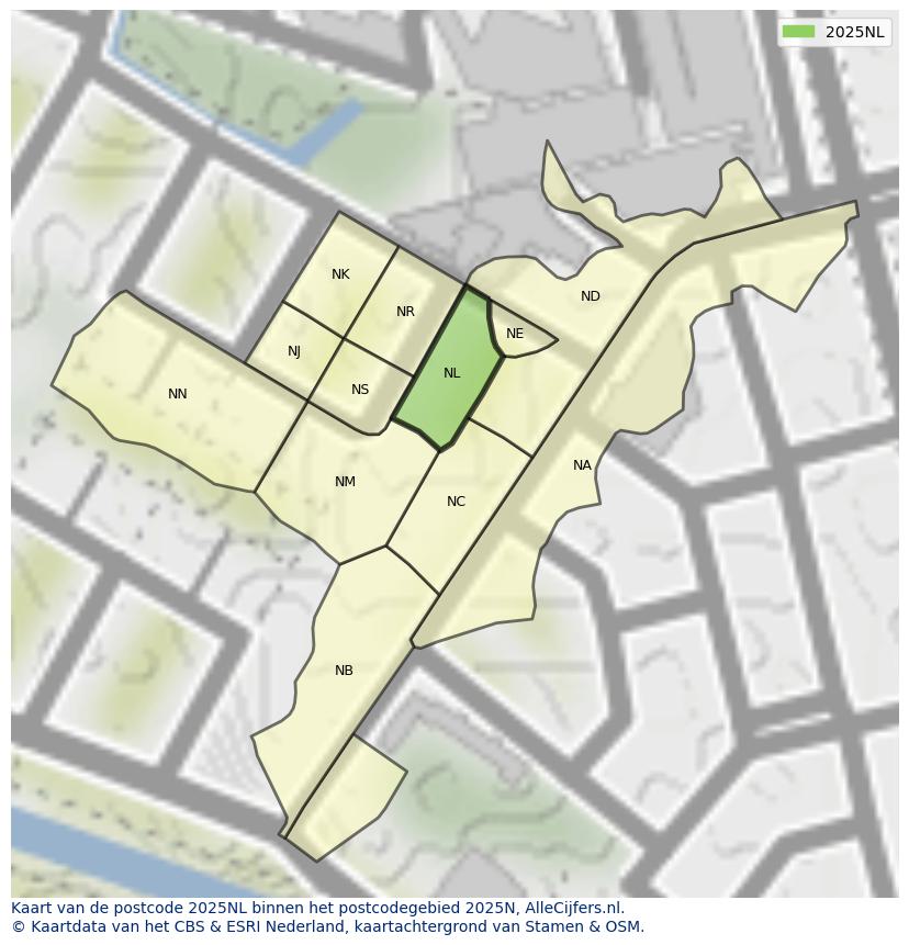 Afbeelding van het postcodegebied 2025 NL op de kaart.