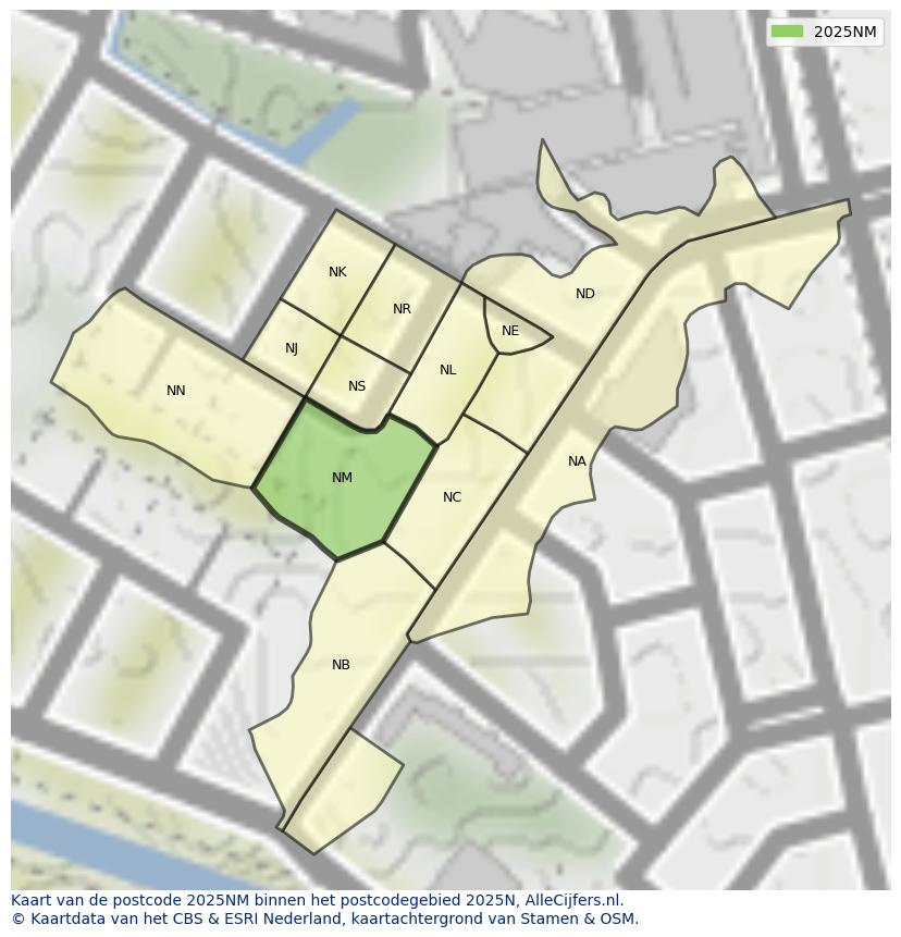 Afbeelding van het postcodegebied 2025 NM op de kaart.