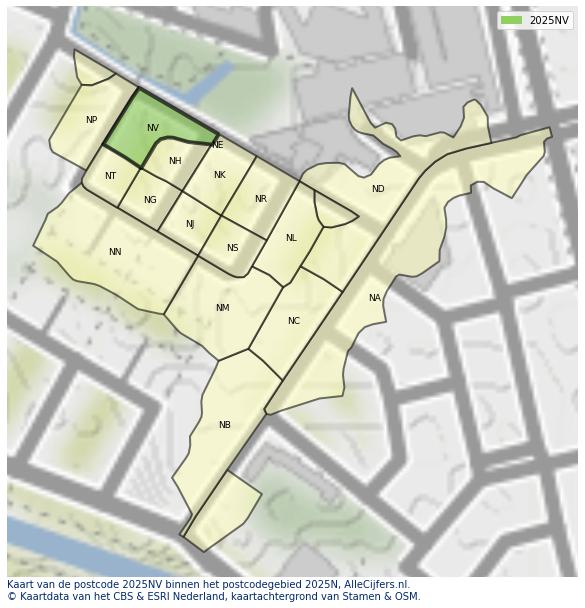 Afbeelding van het postcodegebied 2025 NV op de kaart.