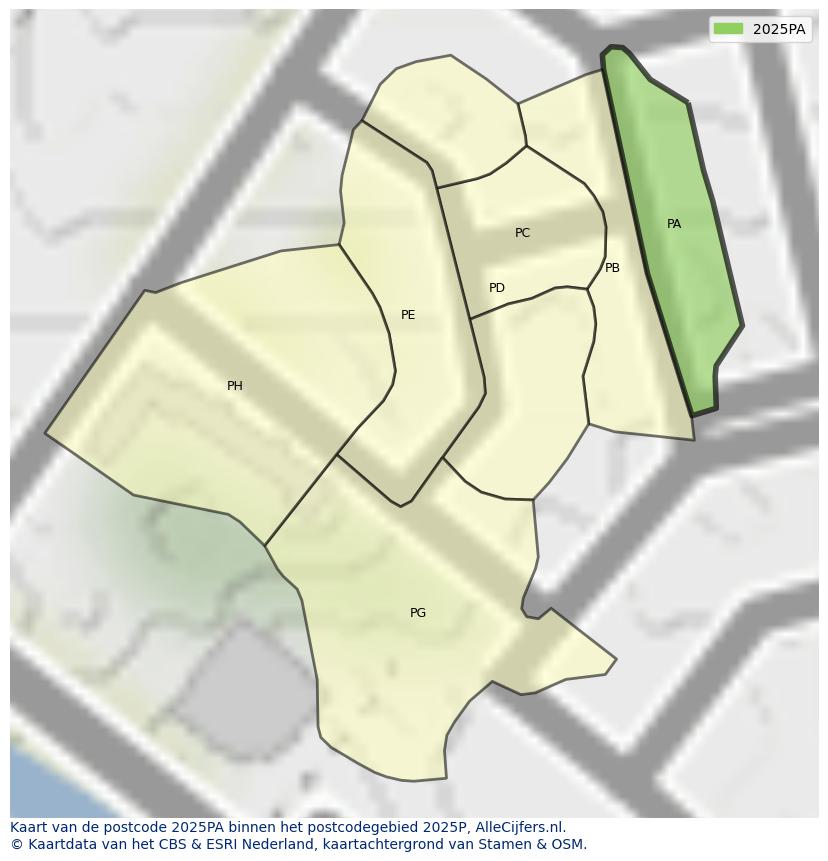 Afbeelding van het postcodegebied 2025 PA op de kaart.