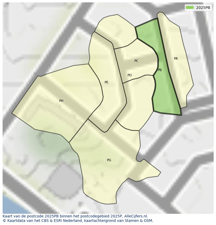 Afbeelding van het postcodegebied 2025 PB op de kaart.