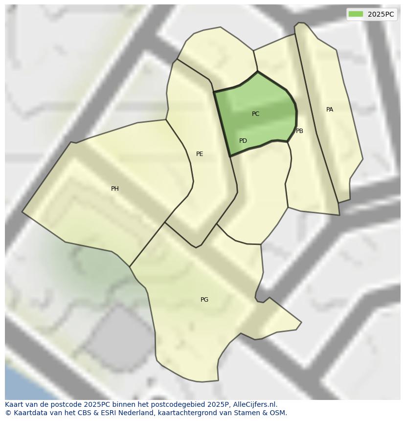 Afbeelding van het postcodegebied 2025 PC op de kaart.