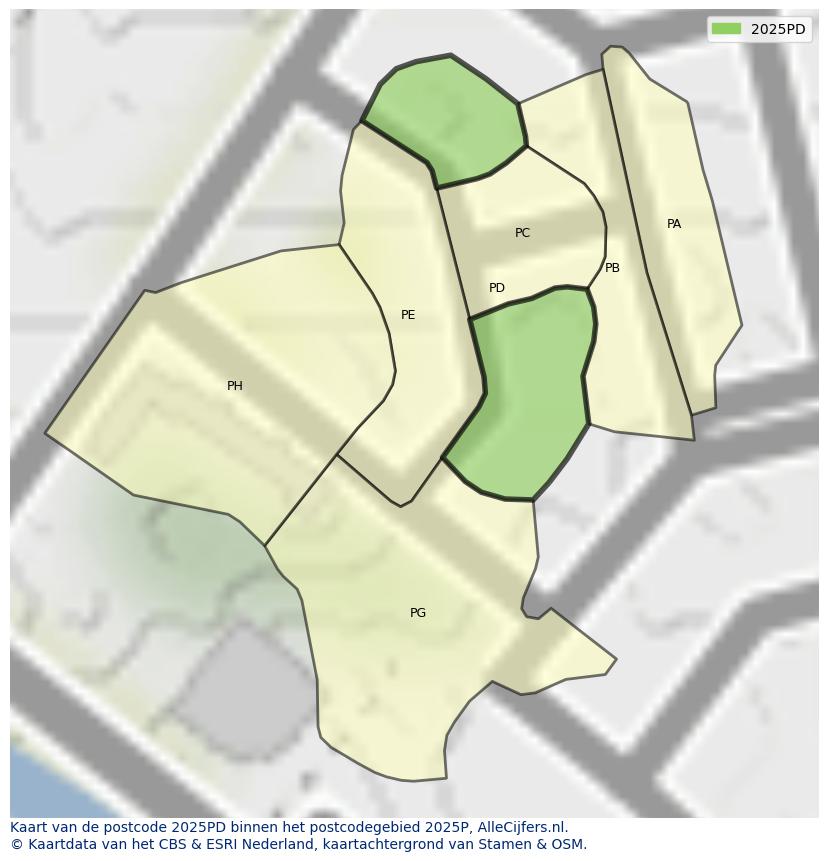 Afbeelding van het postcodegebied 2025 PD op de kaart.