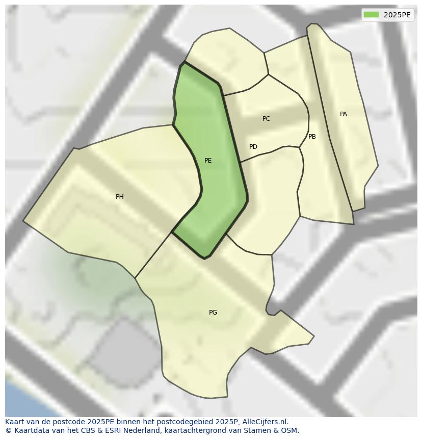 Afbeelding van het postcodegebied 2025 PE op de kaart.