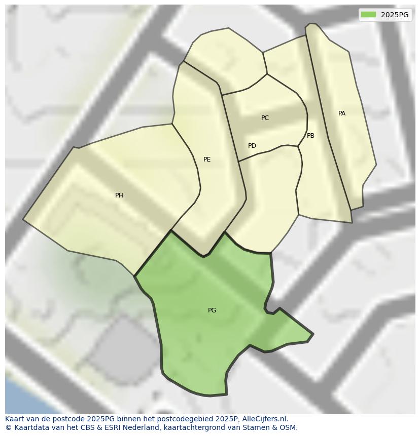 Afbeelding van het postcodegebied 2025 PG op de kaart.