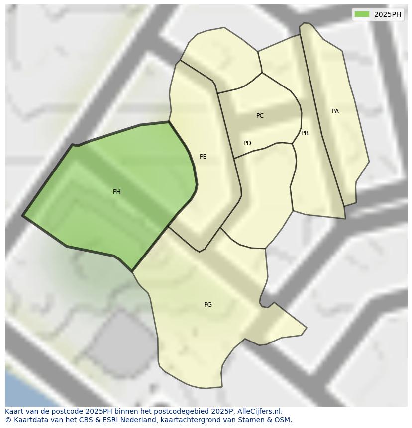 Afbeelding van het postcodegebied 2025 PH op de kaart.