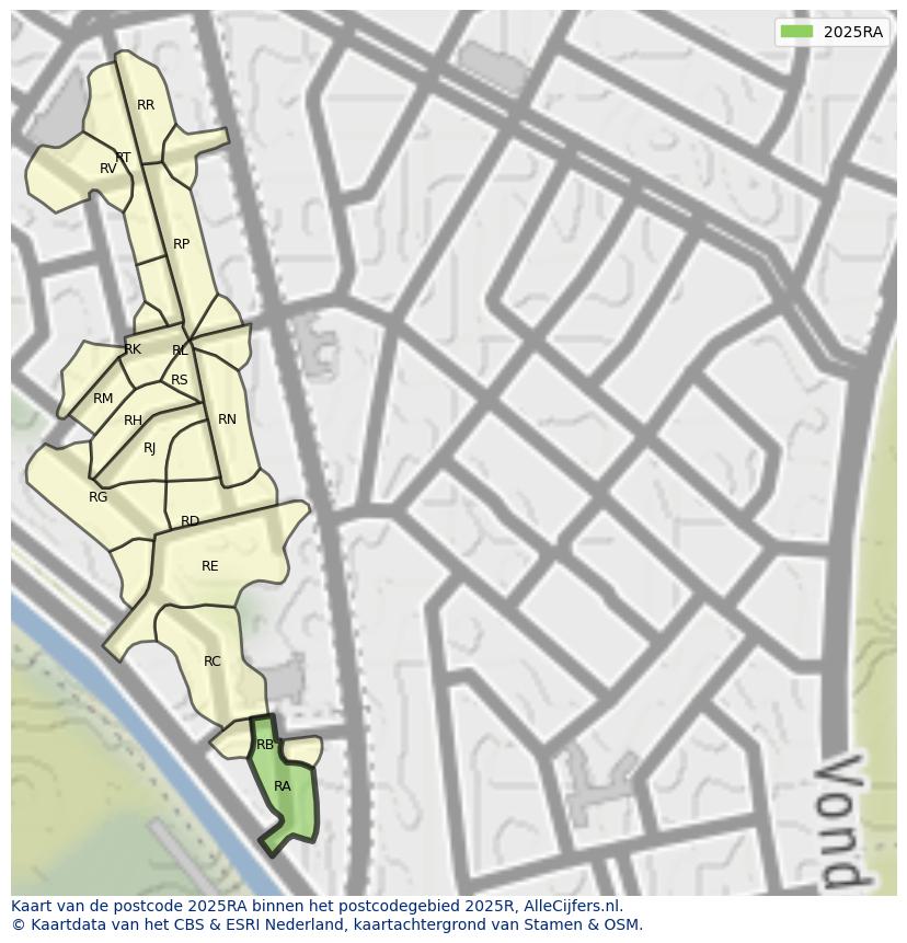 Afbeelding van het postcodegebied 2025 RA op de kaart.
