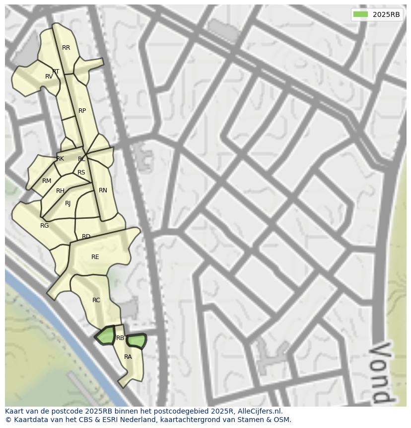 Afbeelding van het postcodegebied 2025 RB op de kaart.