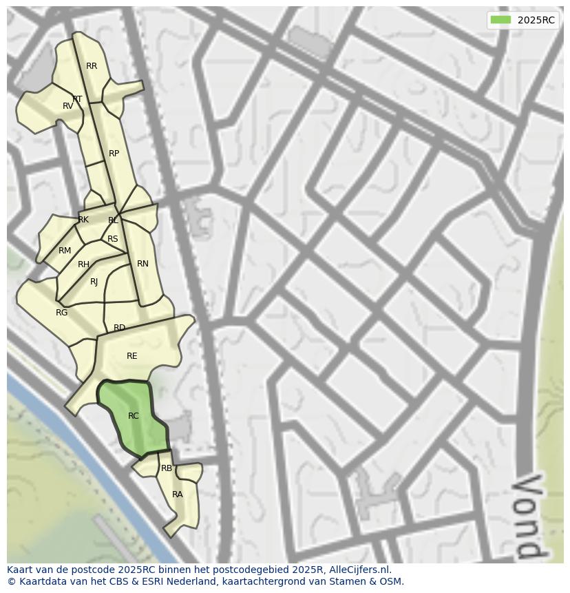Afbeelding van het postcodegebied 2025 RC op de kaart.