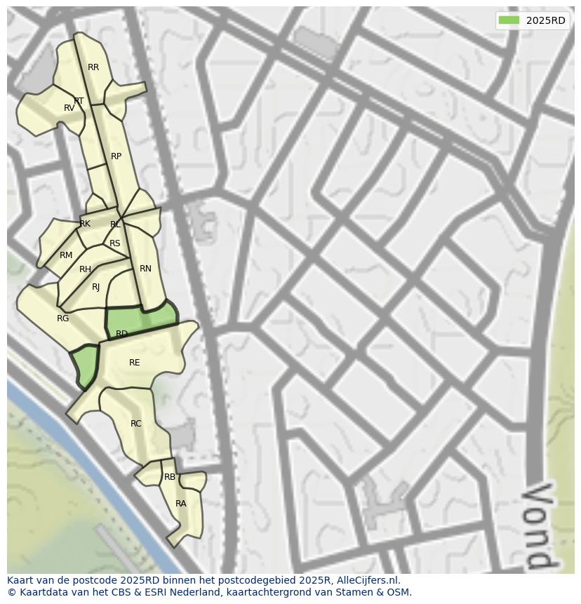 Afbeelding van het postcodegebied 2025 RD op de kaart.
