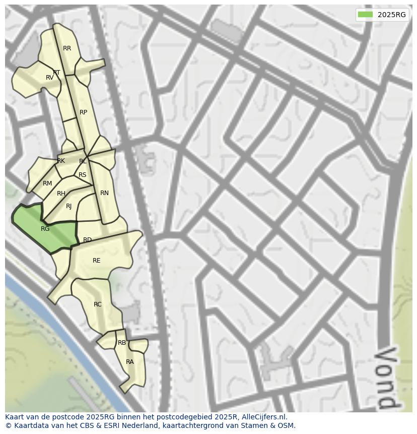 Afbeelding van het postcodegebied 2025 RG op de kaart.