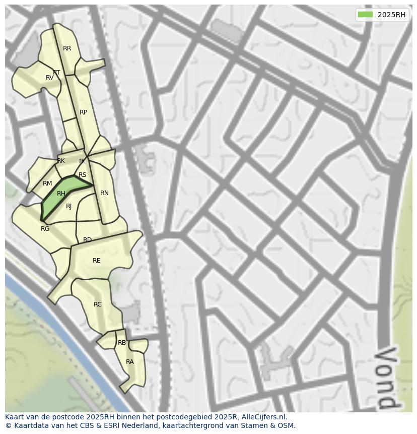 Afbeelding van het postcodegebied 2025 RH op de kaart.