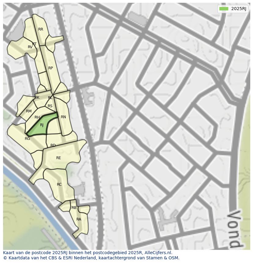 Afbeelding van het postcodegebied 2025 RJ op de kaart.