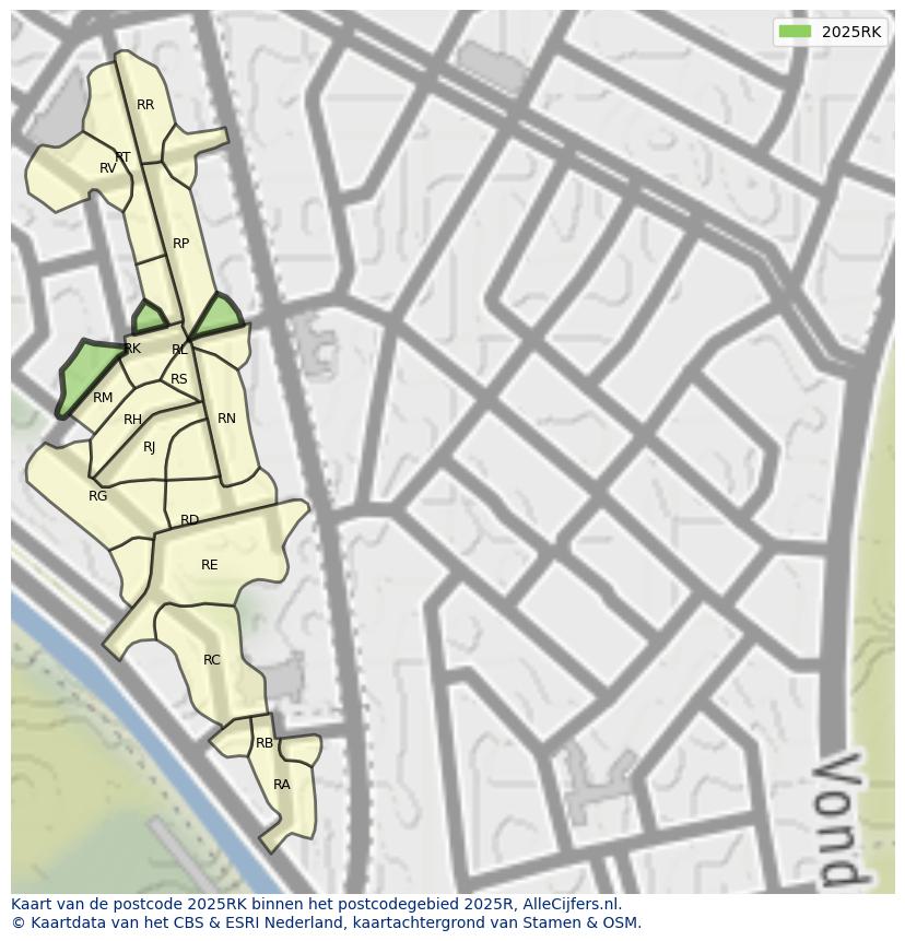 Afbeelding van het postcodegebied 2025 RK op de kaart.