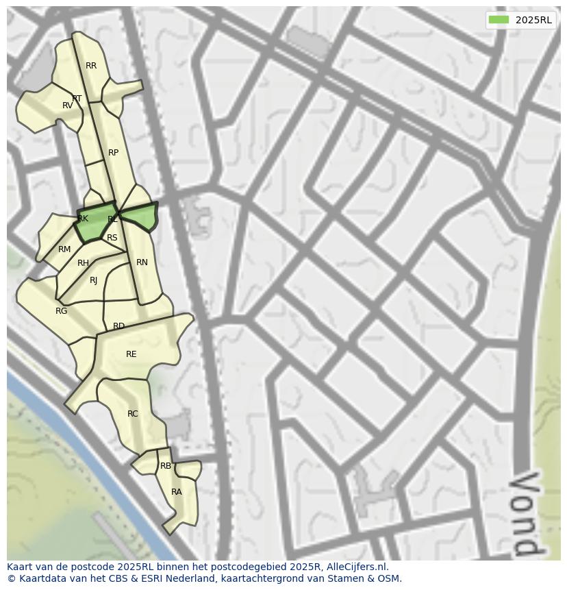 Afbeelding van het postcodegebied 2025 RL op de kaart.