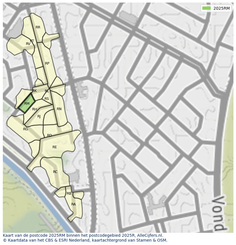 Afbeelding van het postcodegebied 2025 RM op de kaart.