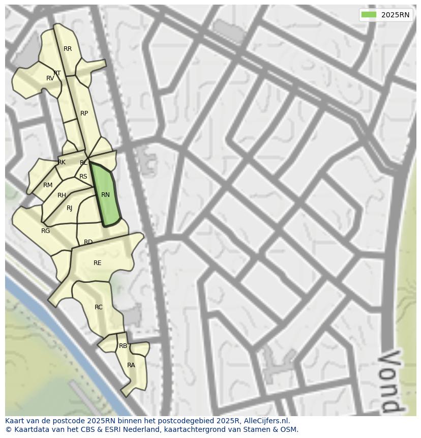 Afbeelding van het postcodegebied 2025 RN op de kaart.