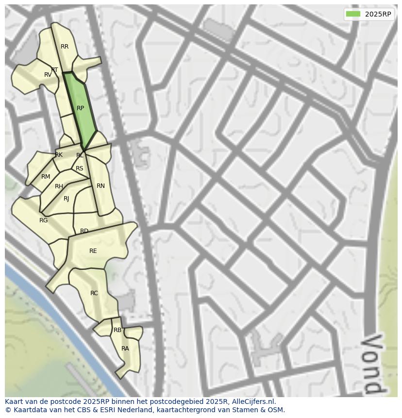 Afbeelding van het postcodegebied 2025 RP op de kaart.