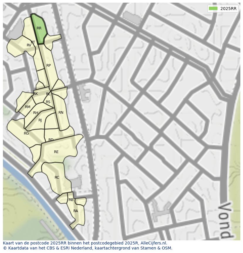 Afbeelding van het postcodegebied 2025 RR op de kaart.