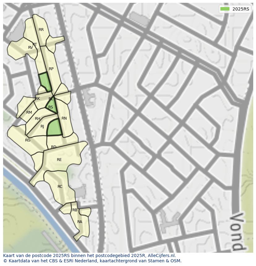 Afbeelding van het postcodegebied 2025 RS op de kaart.