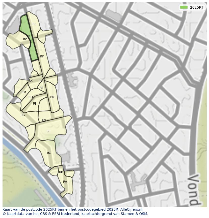 Afbeelding van het postcodegebied 2025 RT op de kaart.